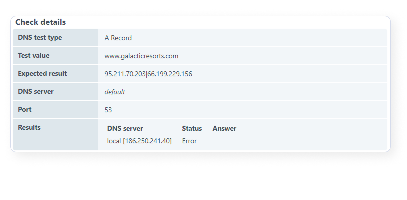 Check details tile for a DNS test