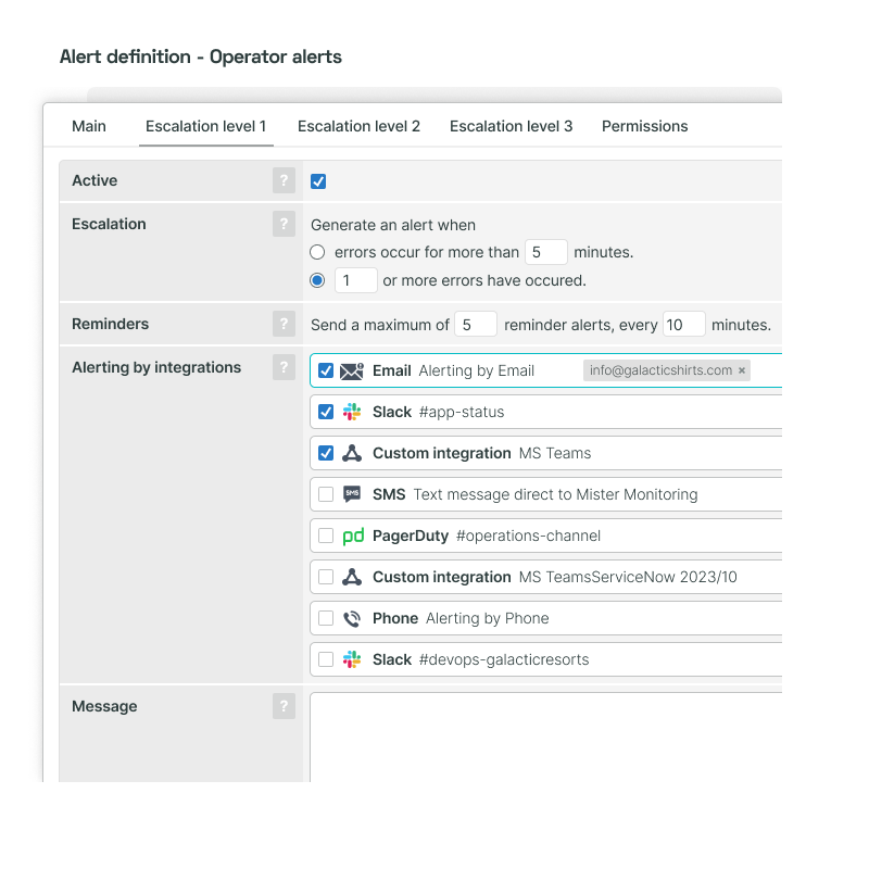 Alert definitions for operators, showing escalation level settings