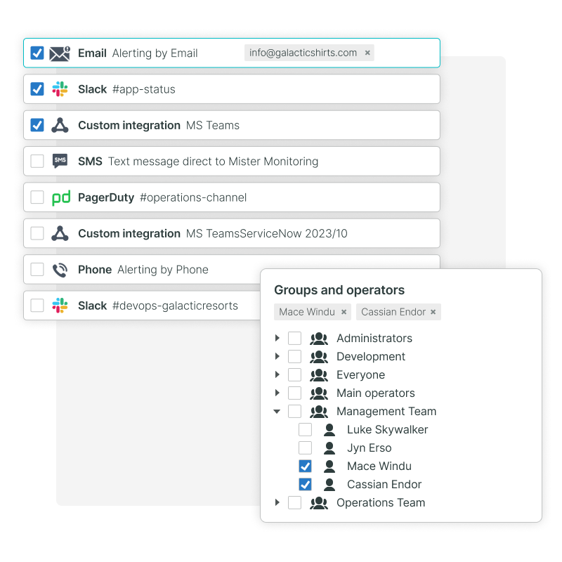 Define alert methods and recipients (operators) with escalations