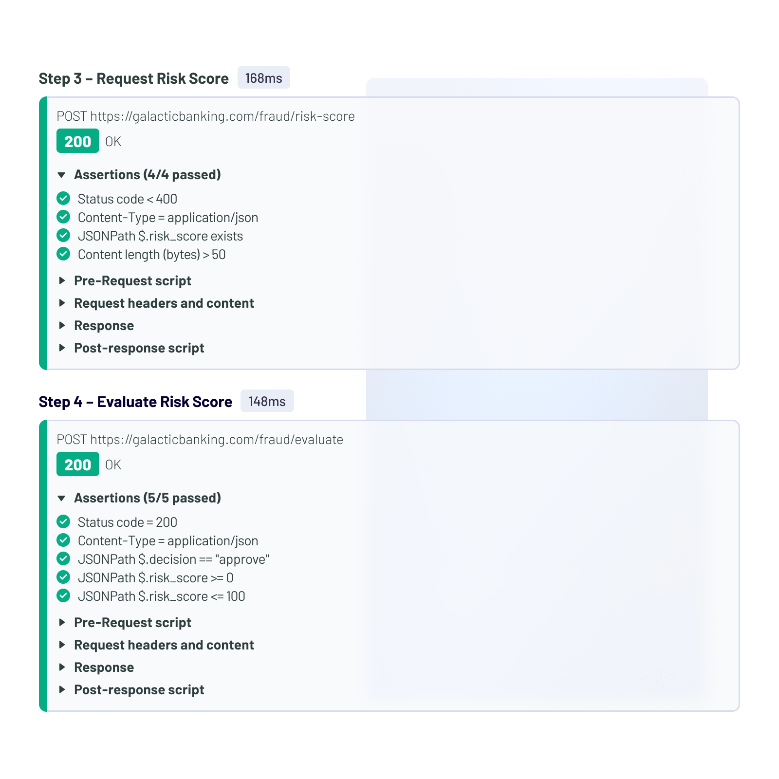 Monitor check of multistep transaction flow highlighting fraud detection API evaluation