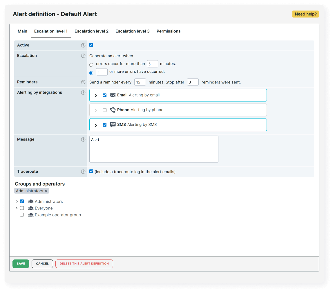 Alert escalation settings screenshot