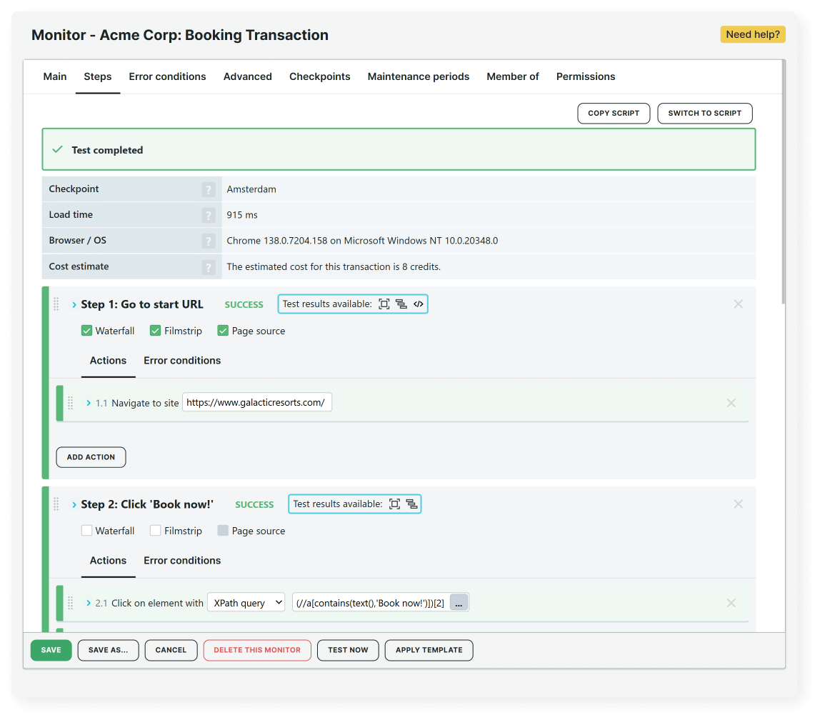 Screenshot of successful synthetic test for a booking transaction