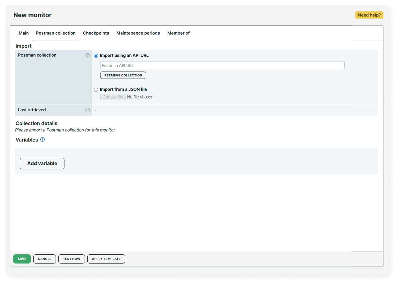 Screenshot of creating API monitors using Postman