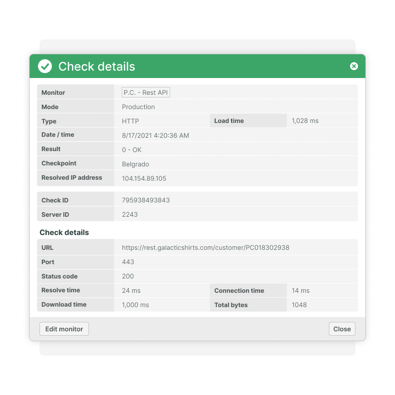 Check API Rest monitoring details and results