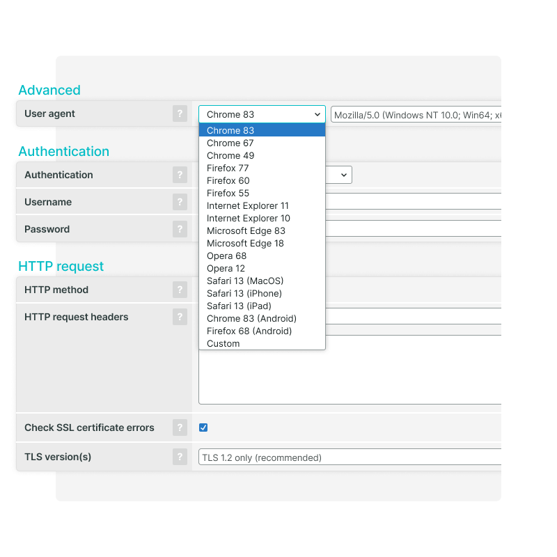 Selection of user agents and SSL certificate