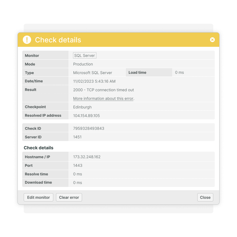 Receive alerts when connections fail and servers are down