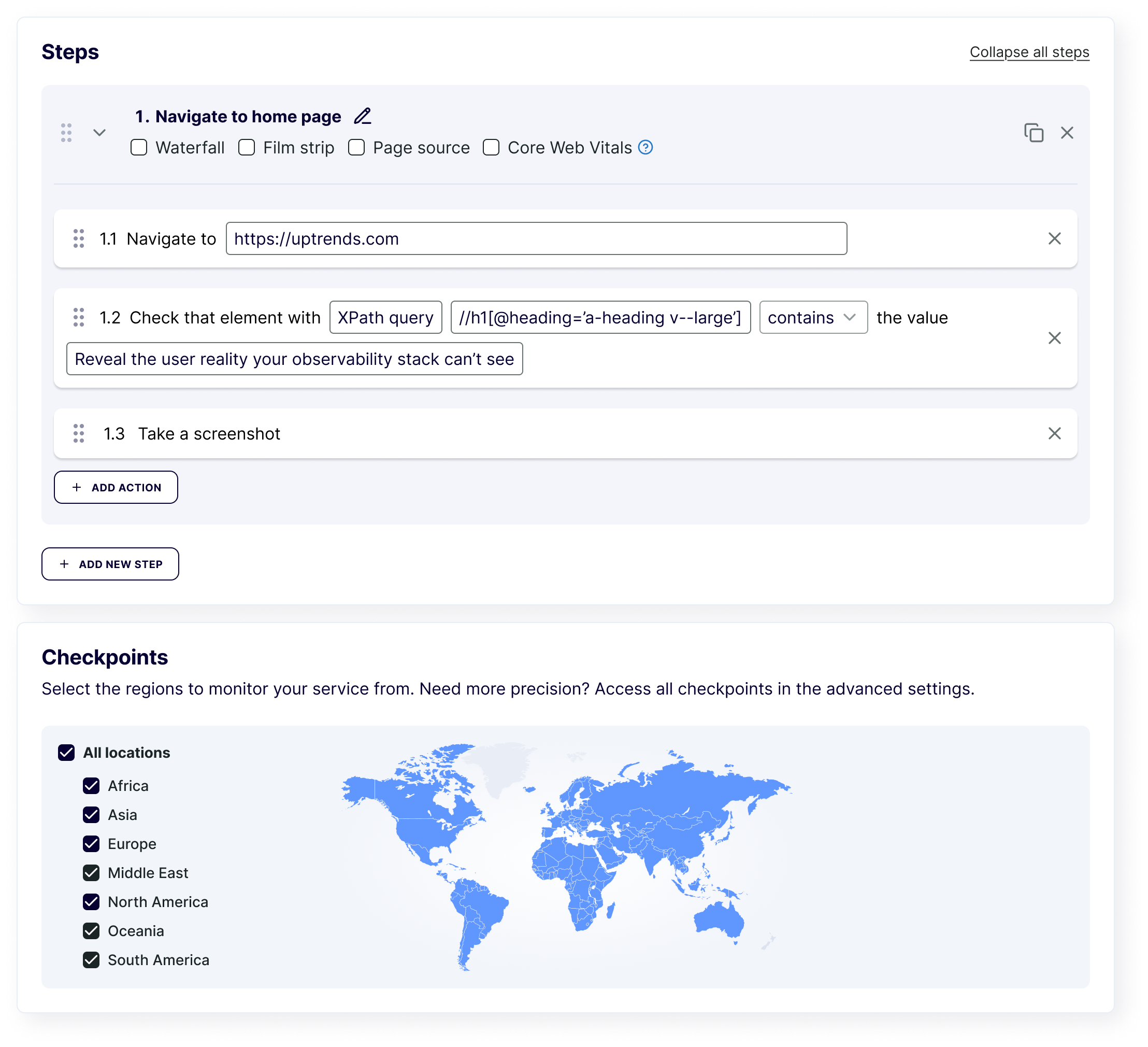 Product screenshots of no-code transaction step editor and checkpoint selection.